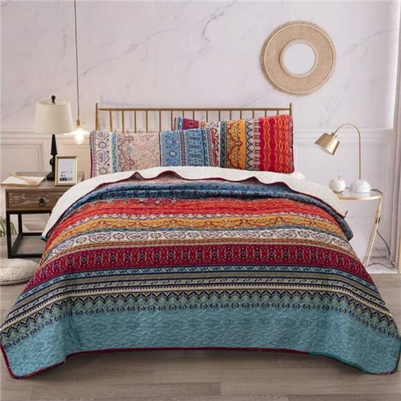 Bohemian Quilt Set King Size, Boho Striped Printed Bedding - Picture 1 of 7